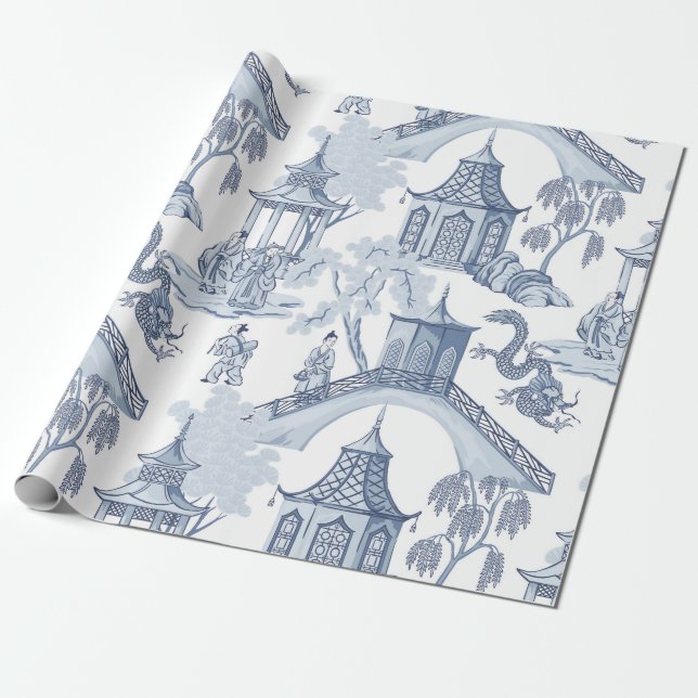 Papel De Regalo Tonos de la Pagoda Azul Patrón Chinoiserie (Desenrollado)