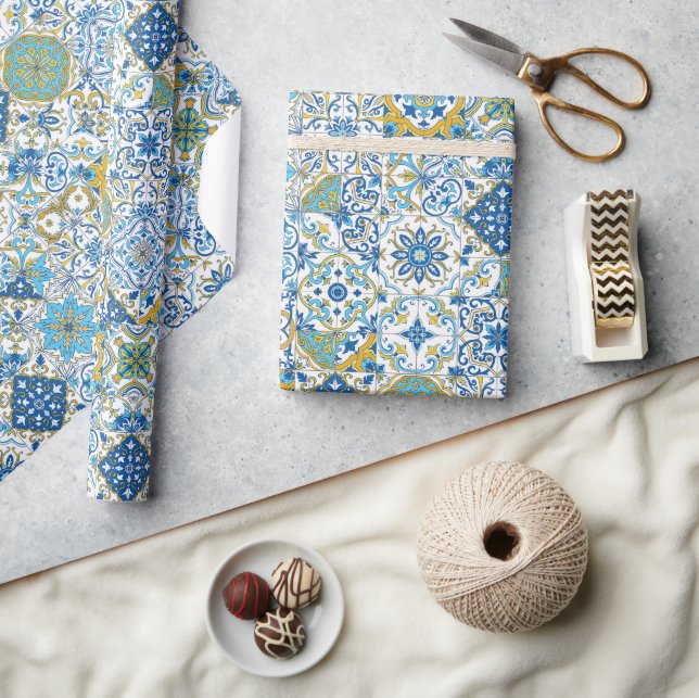Papel De Regalo tonos mediterráneos/ azulejos (Artesanía)