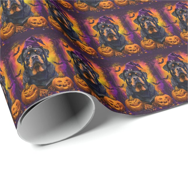 Papel De Regalo Tonto Rottweiler Perro Halloween Bruja Y Calabaza (Esquina del rollo)