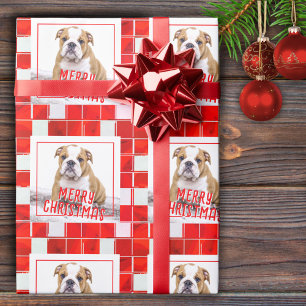 Papel De Regalo Toro Bulldog Cuadro Escocés Rojo Foto Feliz Navida
