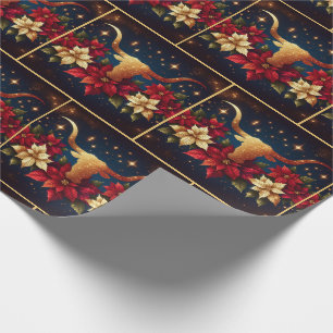 Papel De Regalo Toro Longhorn Dorado con Flor de Nochebuena Navida