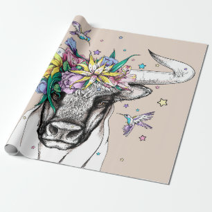 Papel De Regalo Toro personalizado lindo en una corona floral. Por