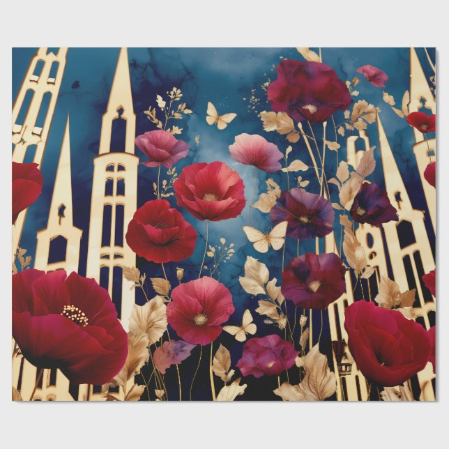 Papel De Regalo Torres doradas y flores carmesí (Superficie plana)