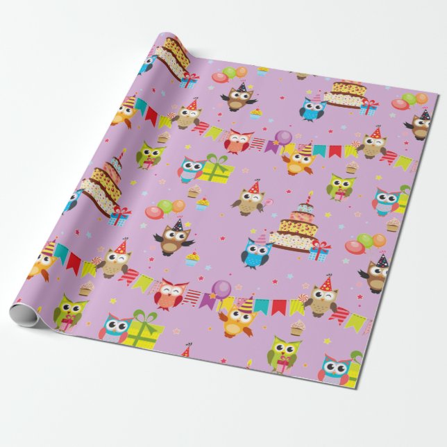 Papel De Regalo torta de fiesta de cumpleaños búho lindo (Desenrollado)