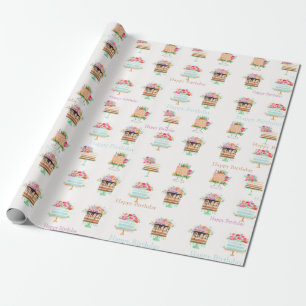 Papel De Regalo Tortas de cumpleaños florales con acuarela