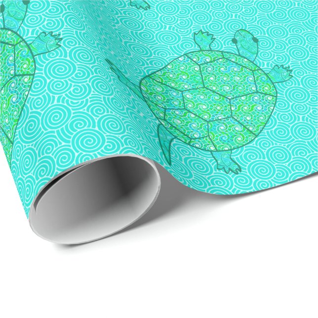 Papel De Regalo Tortuga giratoria árabe - tonos verde marino (Esquina del rollo)