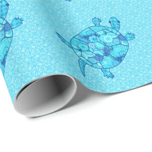 Papel De Regalo Tortuga giratoria fractal - cobalto y azul turques