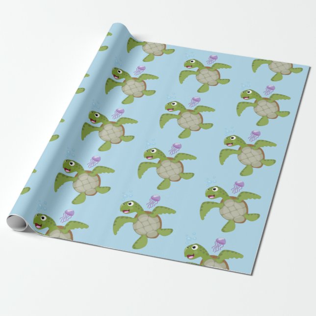 Papel De Regalo Tortuga marina verde suave feliz ilustracion perso (Desenrollado)