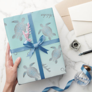 Papel De Regalo Tortugas Marinas Turquesa Plateado Aloha Costero 