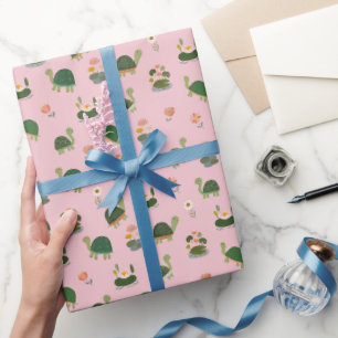 Papel De Regalo Tortugas y hojas de nenúfar sobre rosa claro