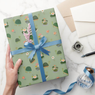Papel De Regalo Tortugas y hojas de nenúfar sobre verde claro