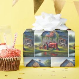 Papel De Regalo Tractor De Granja Roja Con Granero Patriótico