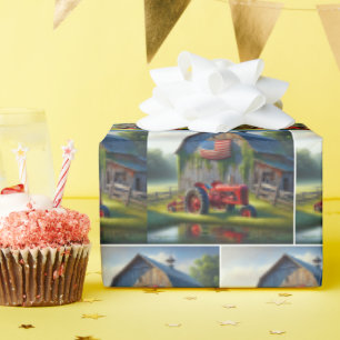 Papel De Regalo Tractor De Granja Roja Con Granero Patriótico