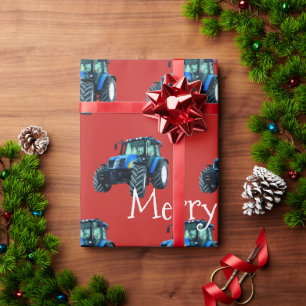 Papel De Regalo Tractores de granja azules en navidad rojo