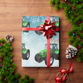 Papel De Regalo Tractores de granja verde en Navidades azules