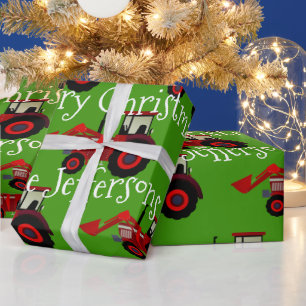 Papel De Regalo Tractores de granjas rojas en Navidades verdes