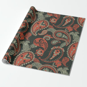 Papel De Regalo Tradicional Paisley Linocut Naranja cálido Mint Gr