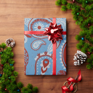 Papel De Regalo Tradicional Paisley Linocut Rojo Azul Blanco