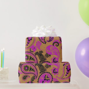 Papel De Regalo Tradicional Paisley Linocut Vivid Pink Mustard