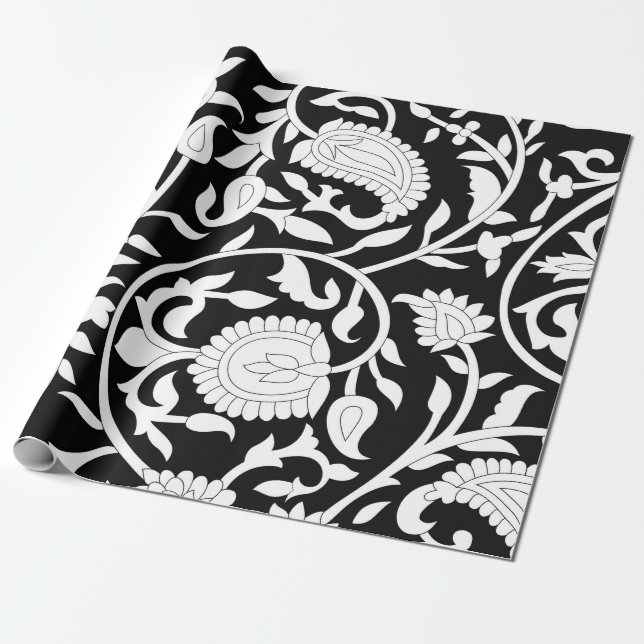 Papel De Regalo Traditional indian paisley pattern on black and wh (Desenrollado)