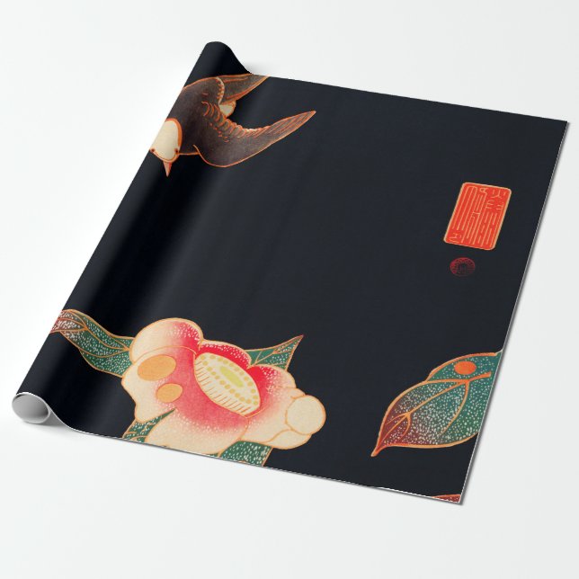 Papel De Regalo Tragar y Camellia (1900) por Ito Jakuchu (Desenrollado)