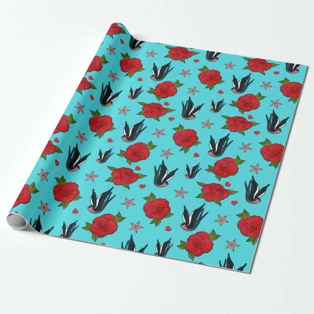 Papel De Regalo Trague de tatuajes y Rosas Rockabilly Cumpleaños (Desenrollado)