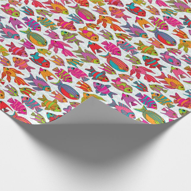 Papel De Regalo Trama de Pescado Tropical Rojo Turquesa Púrpura (Esquina)