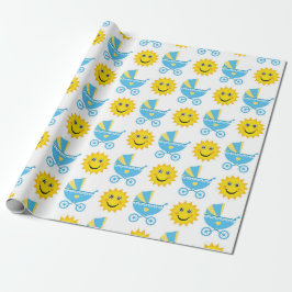 PAPEL DE REGALO TRANSPORTE DE BEBÉS AZUL Y AMARILLO Y SOL AMARILLO