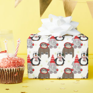 Papel De Regalo Trazo de elefantes, pingüinos y perezosos