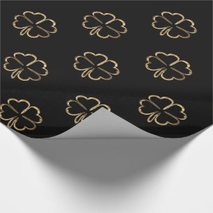 Papel De Regalo Tréboles de Cuatro Hojas Negro y Dorado