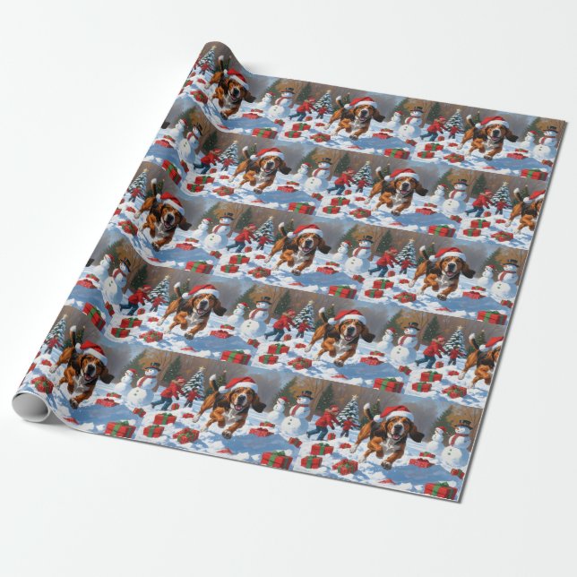 Papel De Regalo Treeing Walker Coonhound Nieve con Sombrero de Nav (Desenrollado)