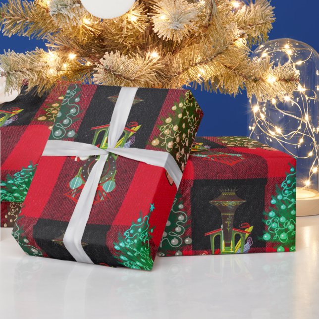 Papel De Regalo Tren y árboles de Navidad en rojo negro plateado (Vacaciones)