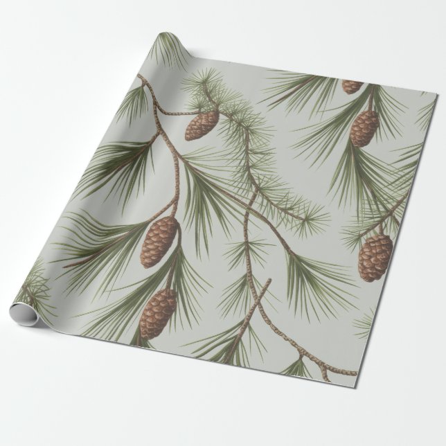 Papel De Regalo Trendy Merry Christmas Pine Cones and Branches     (Desenrollado)