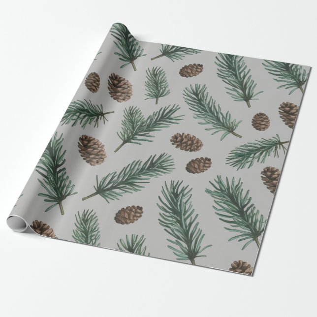 Papel De Regalo Trendy Merry Christmas Pine Cones and Branches     (Desenrollado)