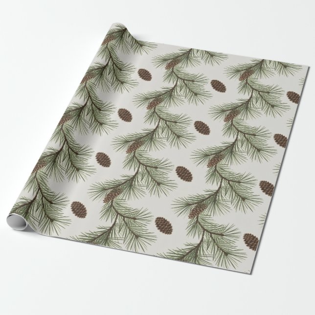 Papel De Regalo Trendy Merry Christmas Pine Cones and Branches     (Desenrollado)