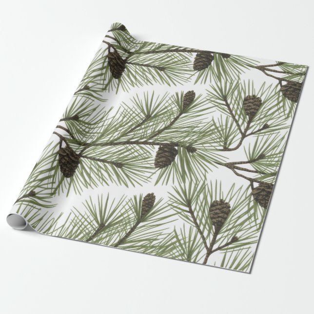 Papel De Regalo Trendy Merry Christmas Pine Cones and Branches     (Desenrollado)