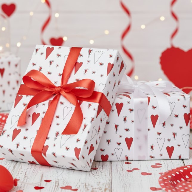 Papel De Regalo Trendy Patrón de Corazón Rojo y Blanco (Sweet Valentine's Day Wrapping Paper for Kids. Cute Fun Red Hearts & Polka Dots Pattern for Girl)