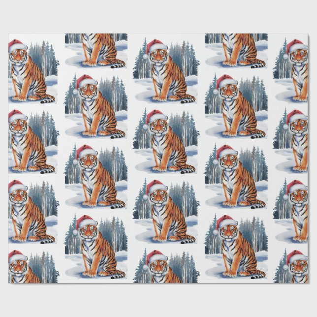 Papel De Regalo Trendy Tiger with Santa Hat Christmas (Superficie plana)