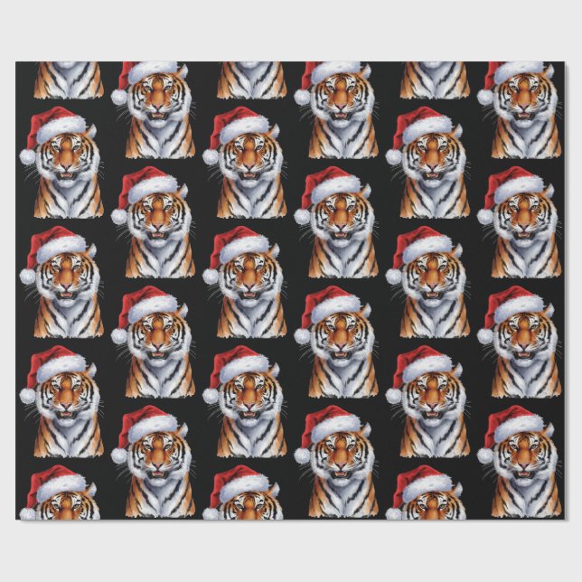 Papel De Regalo Trendy Tiger with Santa Hat Christmas Black  (Superficie plana)