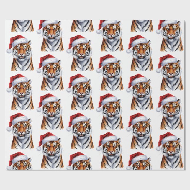 Papel De Regalo Trendy Tiger with Santa Hat Christmas Green        (Superficie plana)