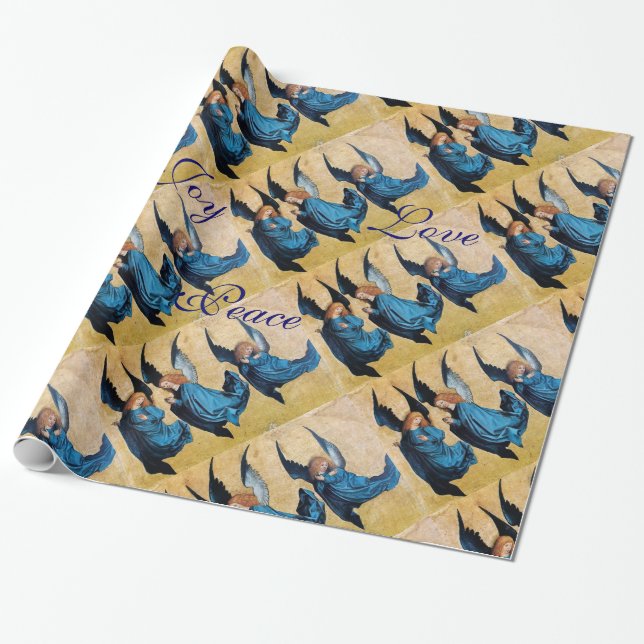 PAPEL DE REGALO TRES ÁNGELES EN NAVIDADES AZULES DISFRUTAN DEL AMO (Desenrollado)