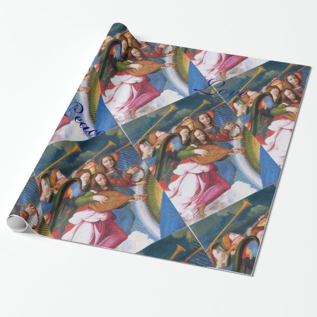 PAPEL DE REGALO TRES ÁNGELES EN NAVIDADES AZULES DISFRUTAN DEL AMO (Desenrollado)
