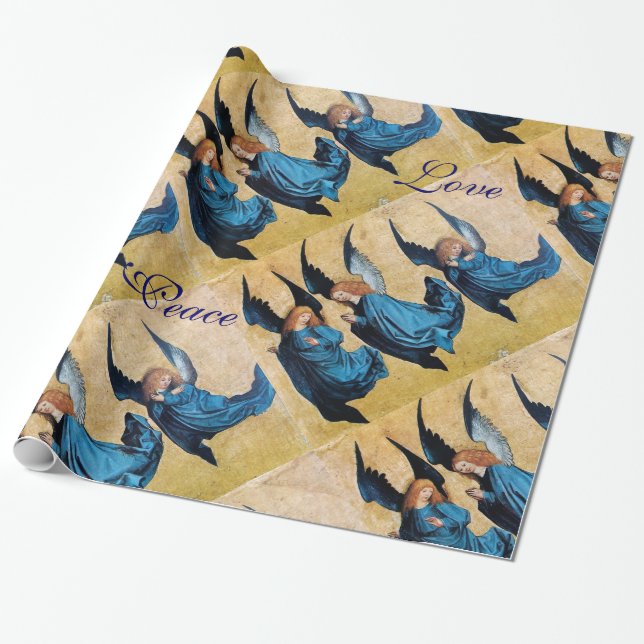 PAPEL DE REGALO TRES ÁNGELES EN NAVIDADES AZULES DISFRUTAN DEL AMO (Desenrollado)