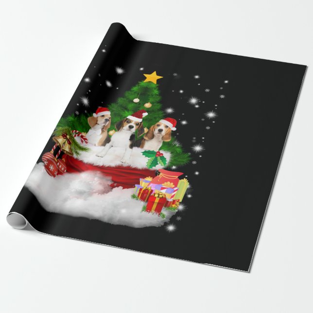 Papel De Regalo Tres Beagles Santa Claus con árbol de Navidad (Desenrollado)