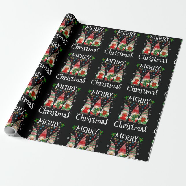 Papel De Regalo Tres Gnomes Búfalo Rojo Feliz Navidad Xma (Desenrollado)