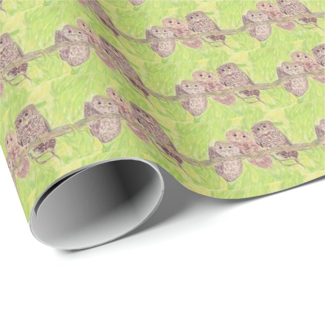 Papel De Regalo Tres pequeñas lechuzas de cobardía - pintura acríl (Esquina del rollo)