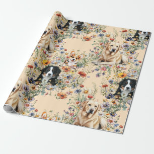 Papel De Regalo Tres perros en flores silvestres sin costuras 