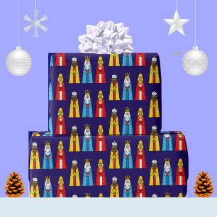 Papel De Regalo Tres Reyes Magos en azul marino