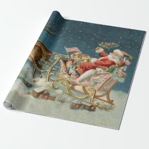 Papel De Regalo Trineo Antiguo de Navidad de Papá Noel Reno