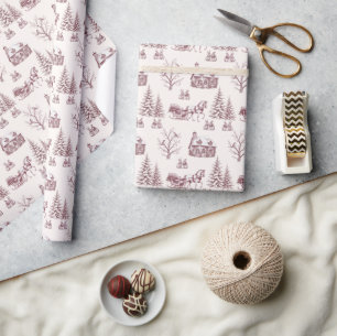 Papel De Regalo Trineo de Caballo de Toile de Navidad Burdeos Vint